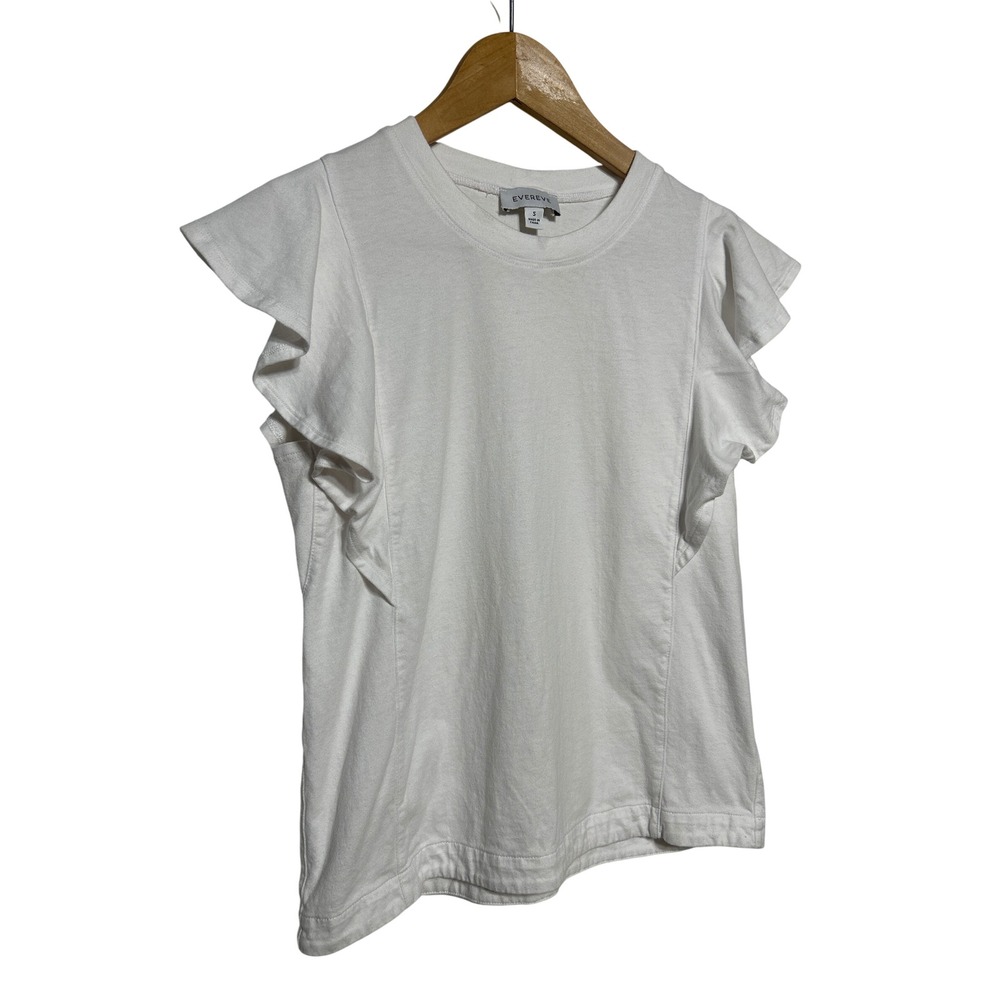EVERVE‎ White Flutter Sleeve Cotton Crew Neck Top Size Small EUC